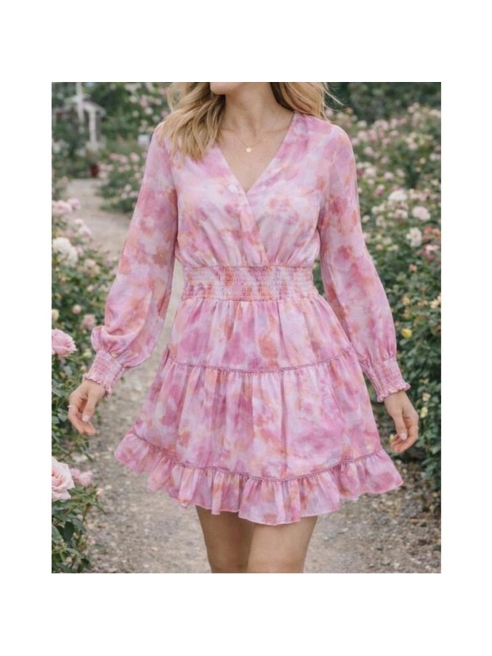 Japna Pink and Peach Watercolor Tiered Surplice Dress | Cottagecore
